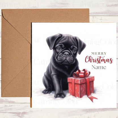 Festive Black Pug Christmas Card with Red Gift | Christmas Card
