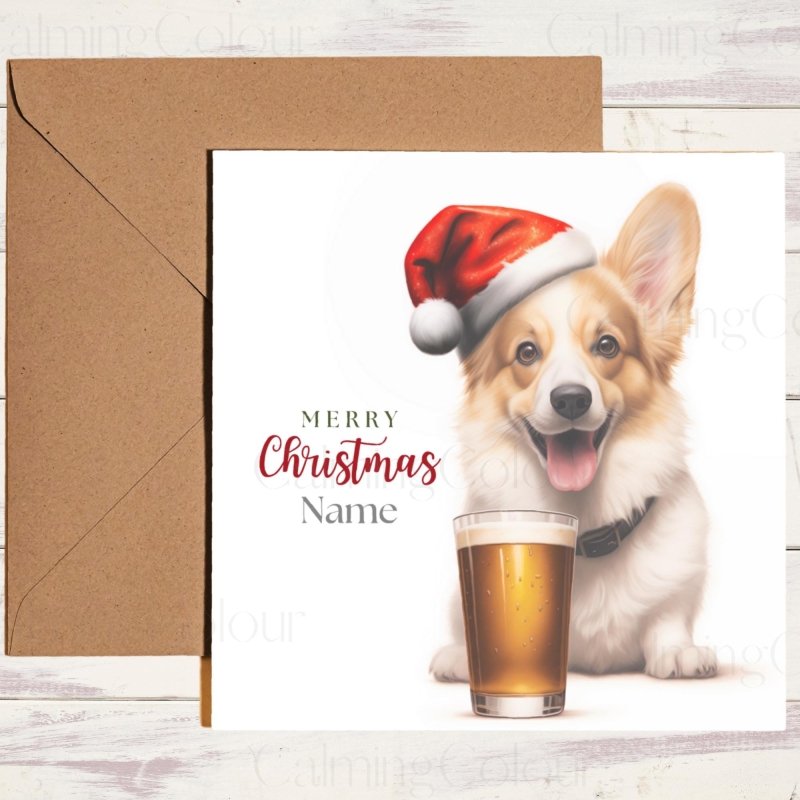 Festive Corgi with Santa Hat and Pint | Christmas Card | Christmas Card