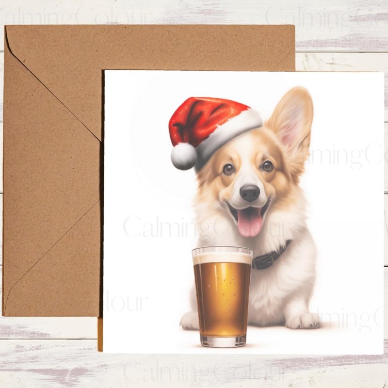 Festive Corgi with Santa Hat and Pint | Christmas Card | Christmas Card