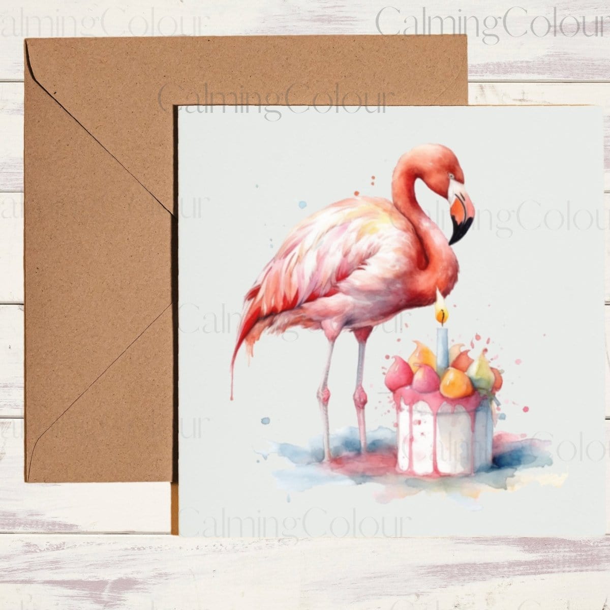 Flamingo with Cake | Greeting Card | Calming Colour