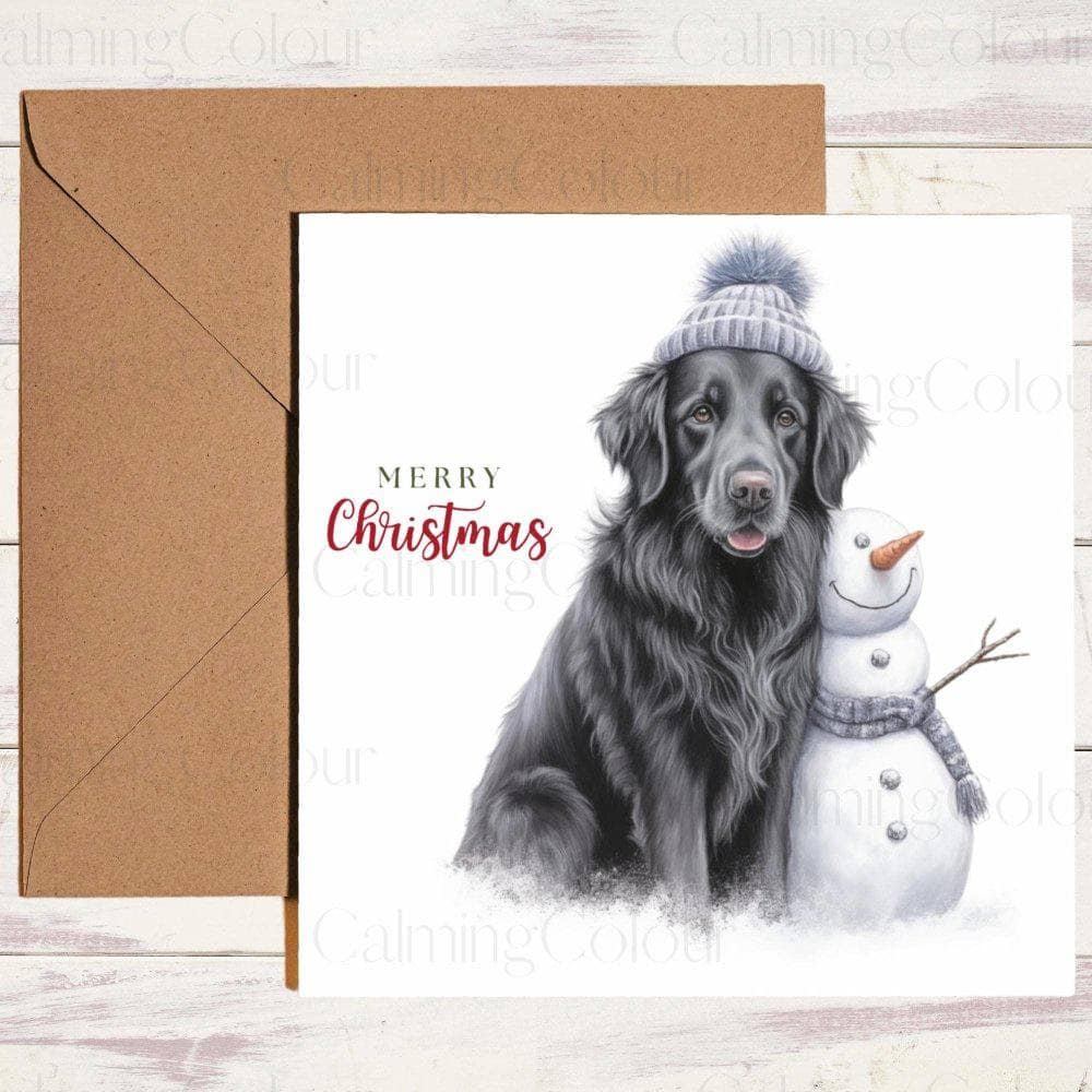 Flat - Coated Retriever next to Cute Mini Snowman | Christmas Card | Christmas Card