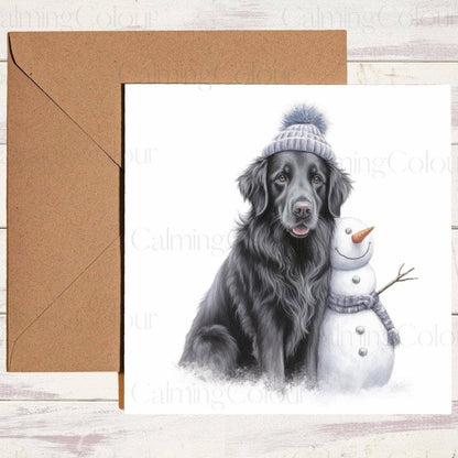 Flat - Coated Retriever next to Cute Mini Snowman | Christmas Card | Christmas Card