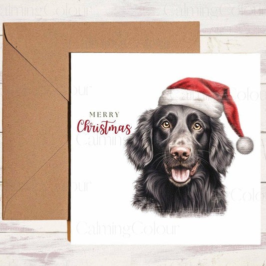 Flat - Coated Retriever wearing Red Santa Hat | Christmas Card | Christmas Card