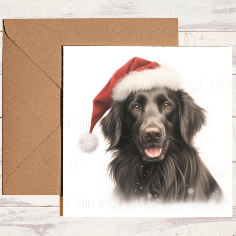 Flat - Coated Retriever wearing Santa Hat Christmas Card | Christmas Card
