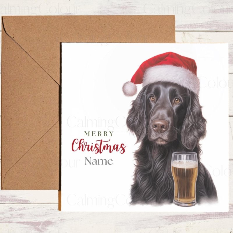 Flat - Coated Retriever with Pint & Santa Hat | Christmas Card | Christmas Card