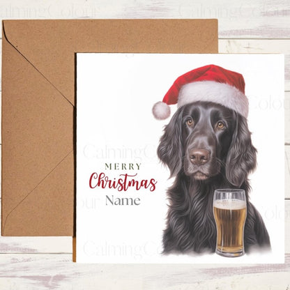 Flat - Coated Retriever with Pint & Santa Hat | Christmas Card | Christmas Card