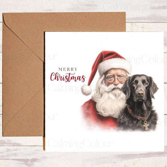 Flat - Coated Retriever with Santa | Christmas Card | Christmas Card