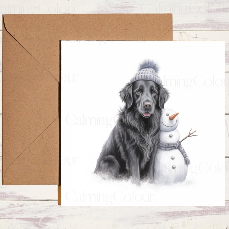 Flat - Coated Retriever with Snowman | Christmas Card | Christmas Card