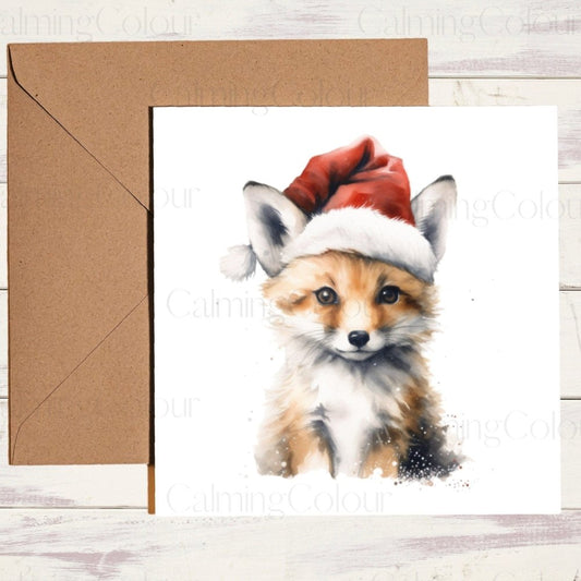 Fox wearing Red Santa Hat | Christmas Card | Calming Colour