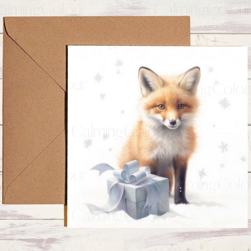 Fox with Gift | Christmas Card | Snowy Scene | Christmas Card