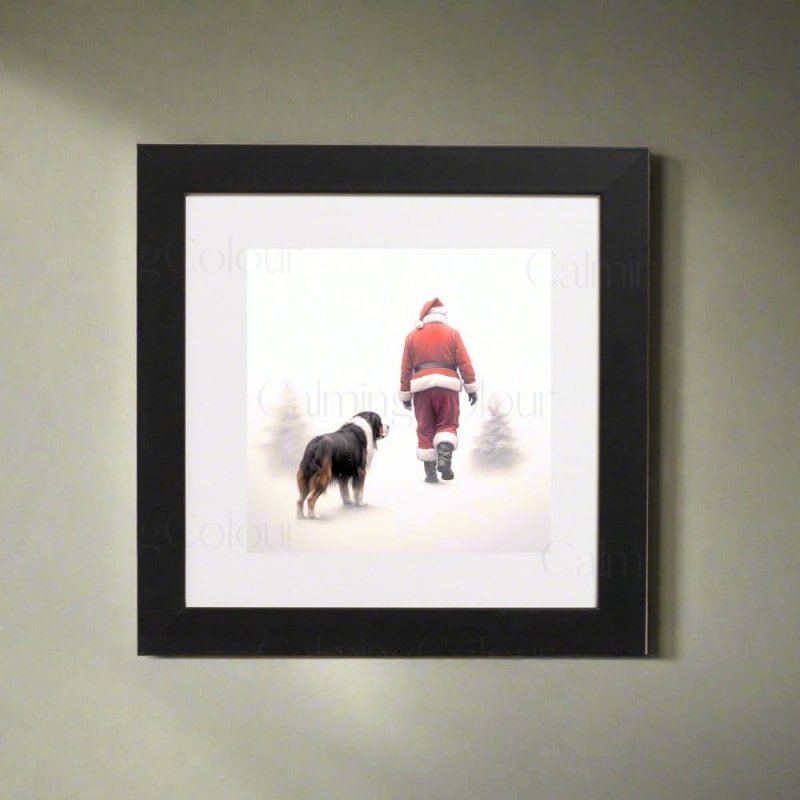 Framed Art Print | Bernese Mountain Dog Walks with Santa | Christmas Gift | Artwork - Framed Print