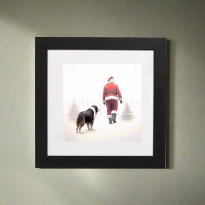 Framed Art Print | Bernese Mountain Dog Walks with Santa | Christmas Gift | Artwork - Framed Print