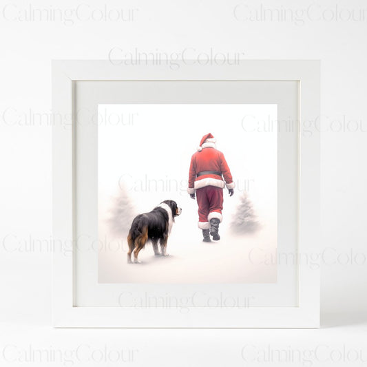 Framed Art Print | Bernese Mountain Dog Walks with Santa | Christmas Gift | Calming Colour