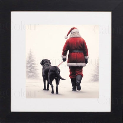Framed Art Print | Black Labrador Walks with Santa | Christmas Gift | Artwork - Framed Print