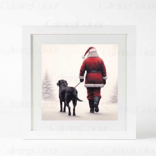 Framed Art Print | Black Labrador Walks with Santa | Christmas Gift | Calming Colour