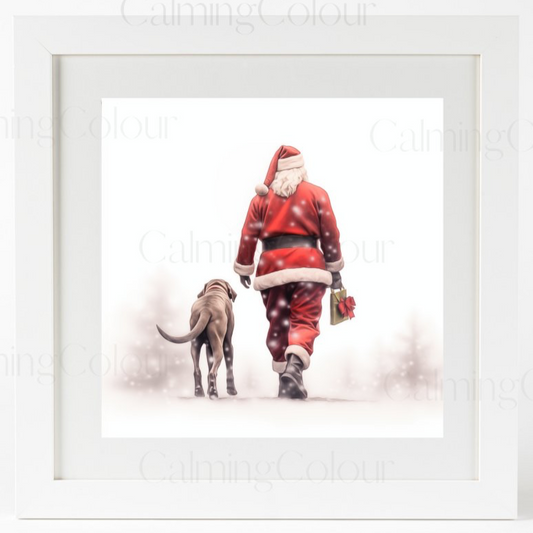 Framed Art Print | Weimaraner Walks with Santa | Christmas Gift