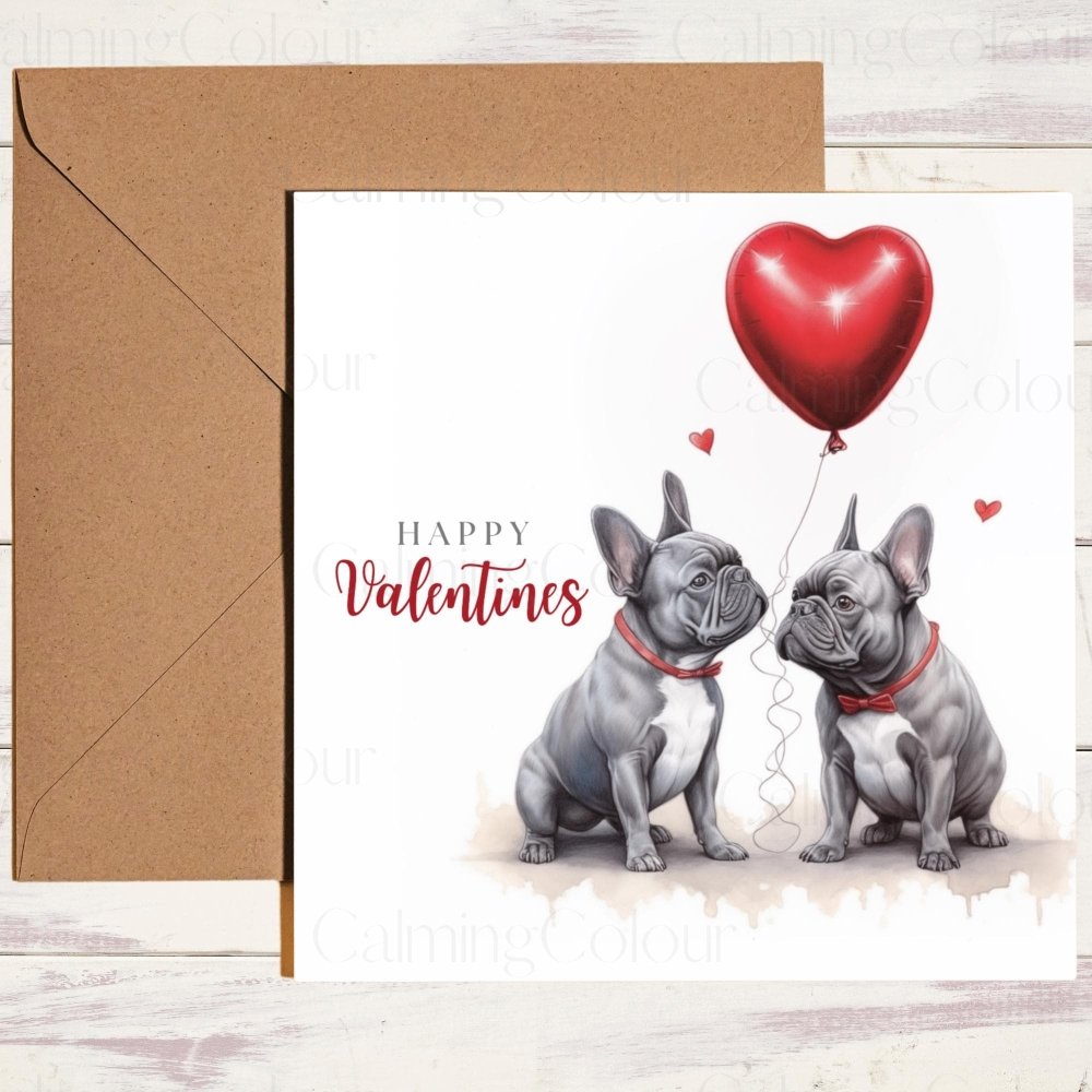 French Bulldog Couple with Red Balloon | Valentine's Card | With Love | Calming Colour