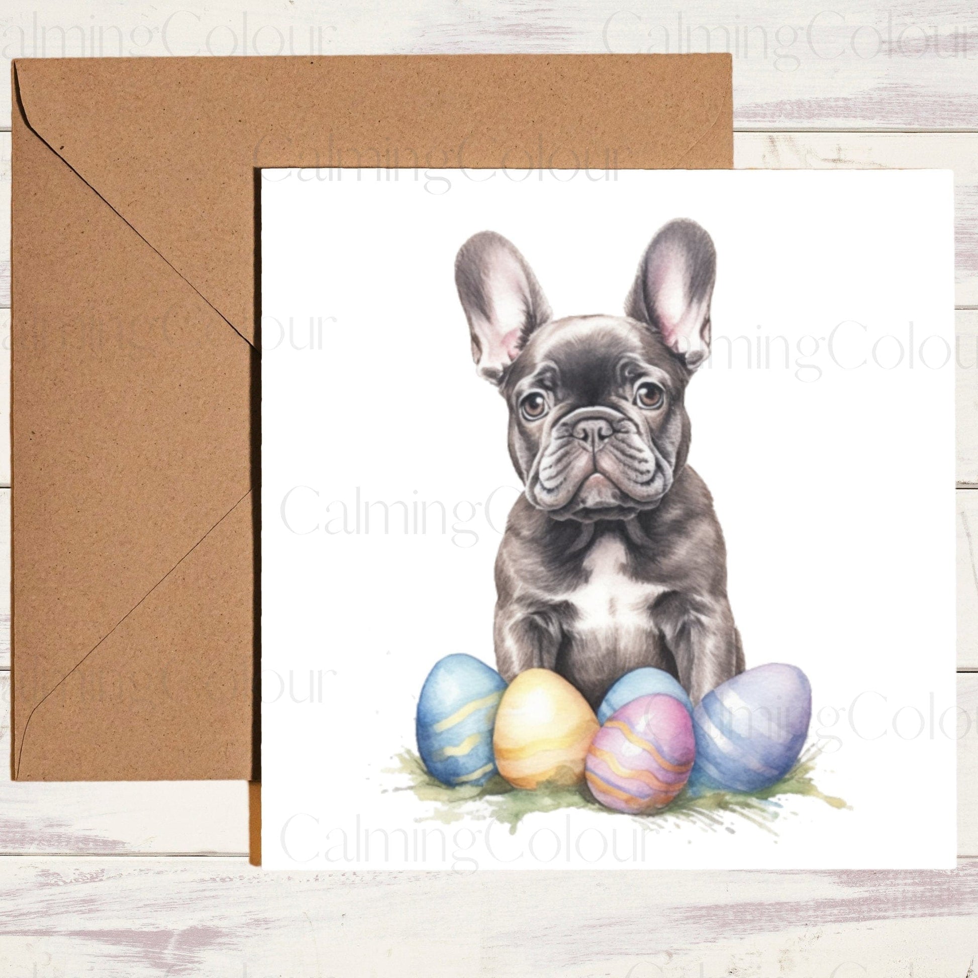 Black French Bulldog with Easter Eggs | Easter Card | Calming Colour