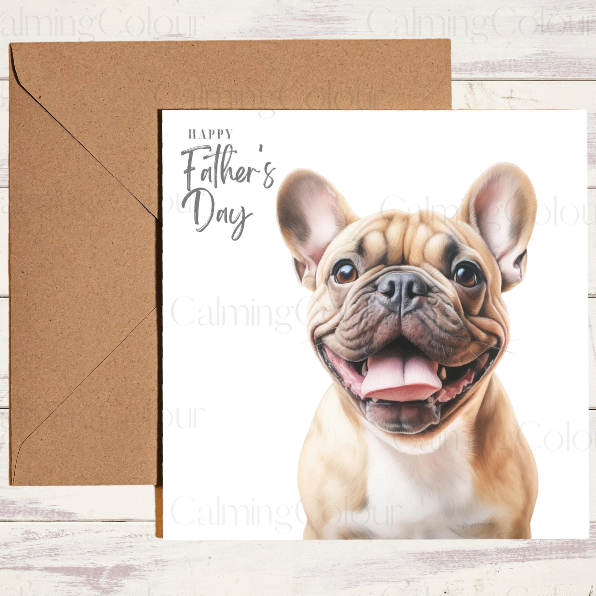 French Bulldog Smiling | Tanned Frenchie | Father's Day Card | Calming Colour