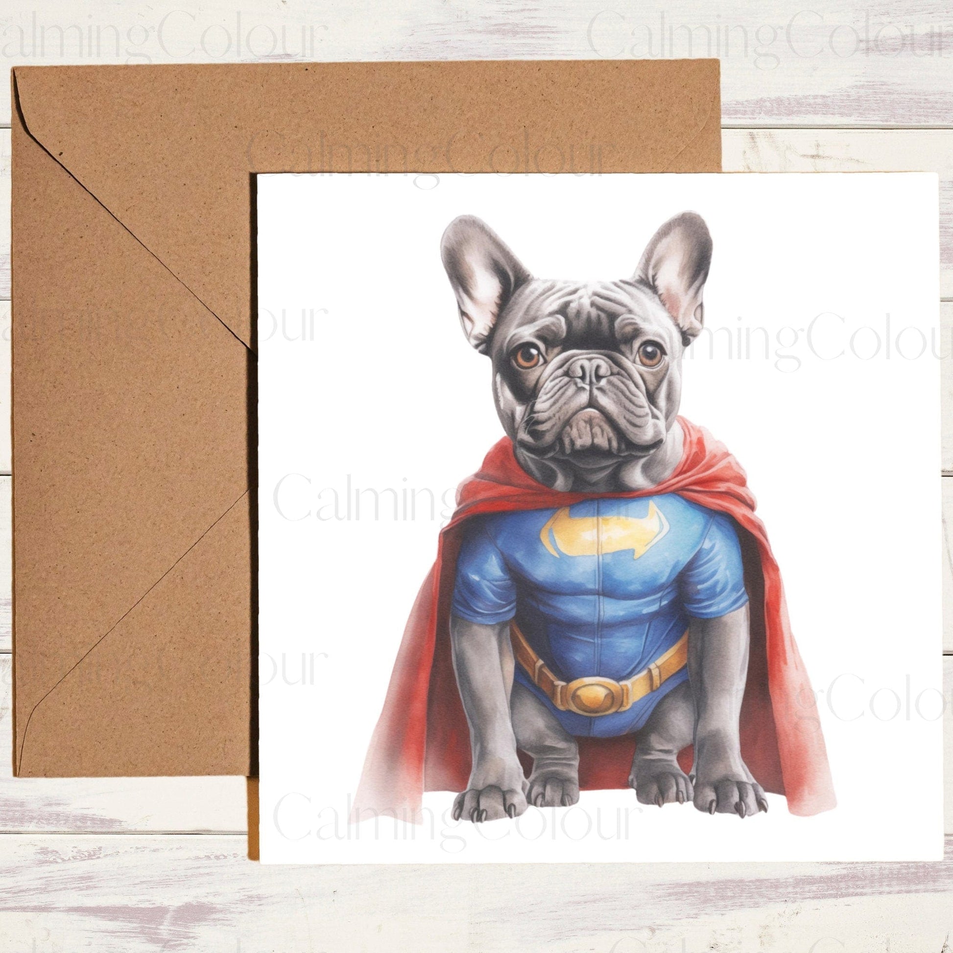 French Bulldog as SuperHero | Bulldog Father's Day Card | Calming Colour