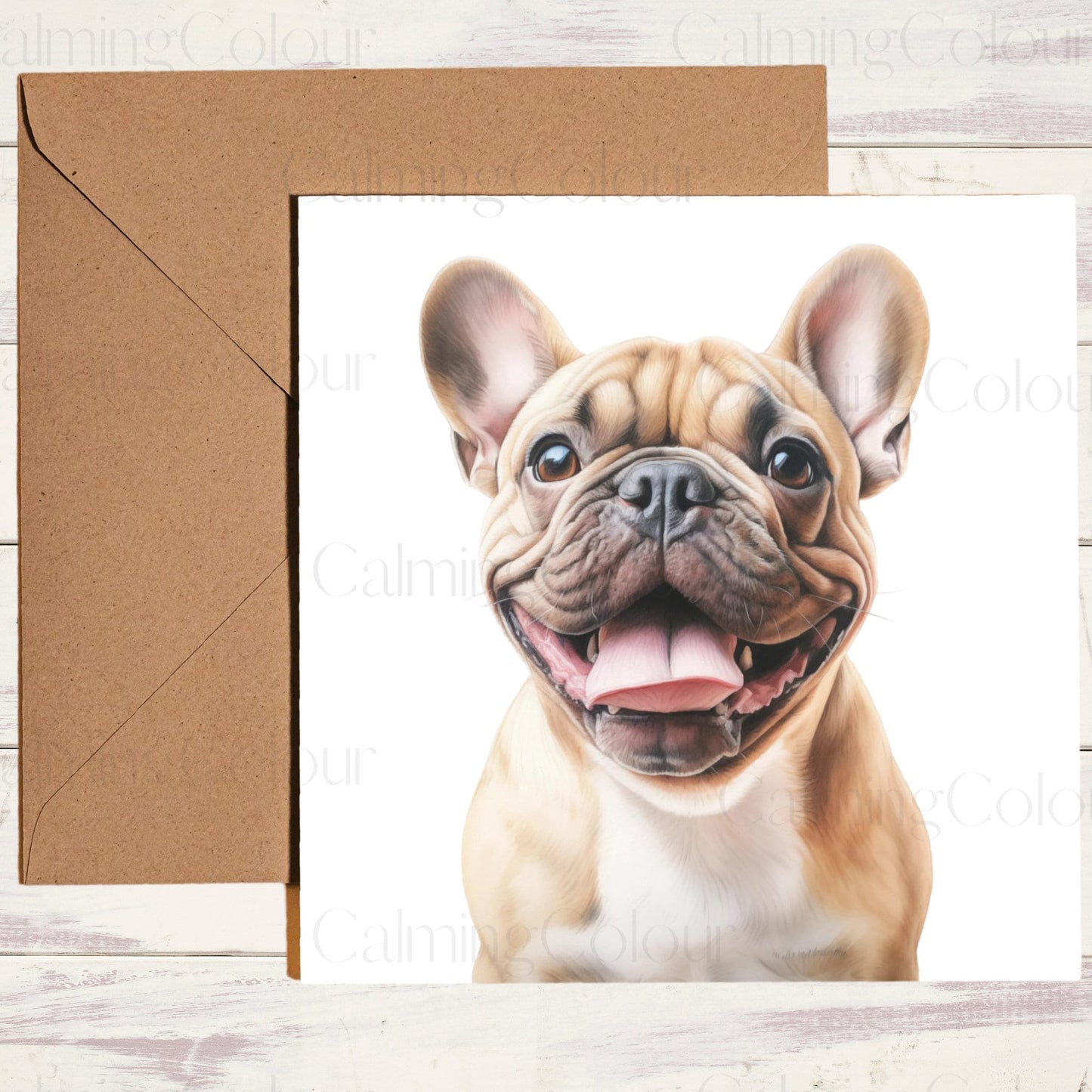 French Bulldog Smiling | Tanned Frenchie | Father's Day Card | Calming Colour