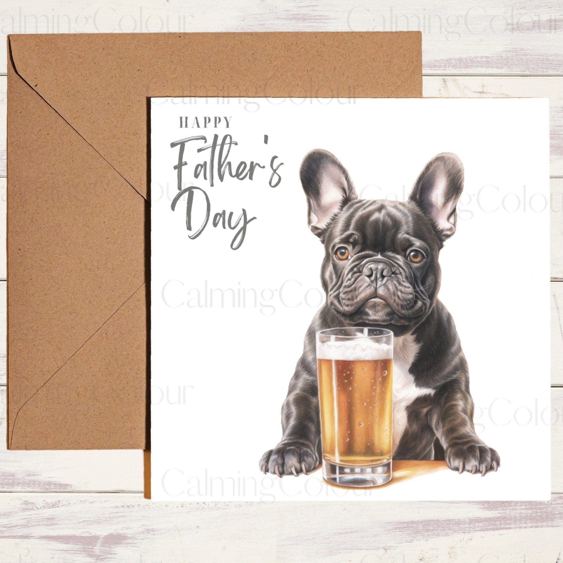 French with Pint Glass | Bulldog Father's Day Card | Calming Colour