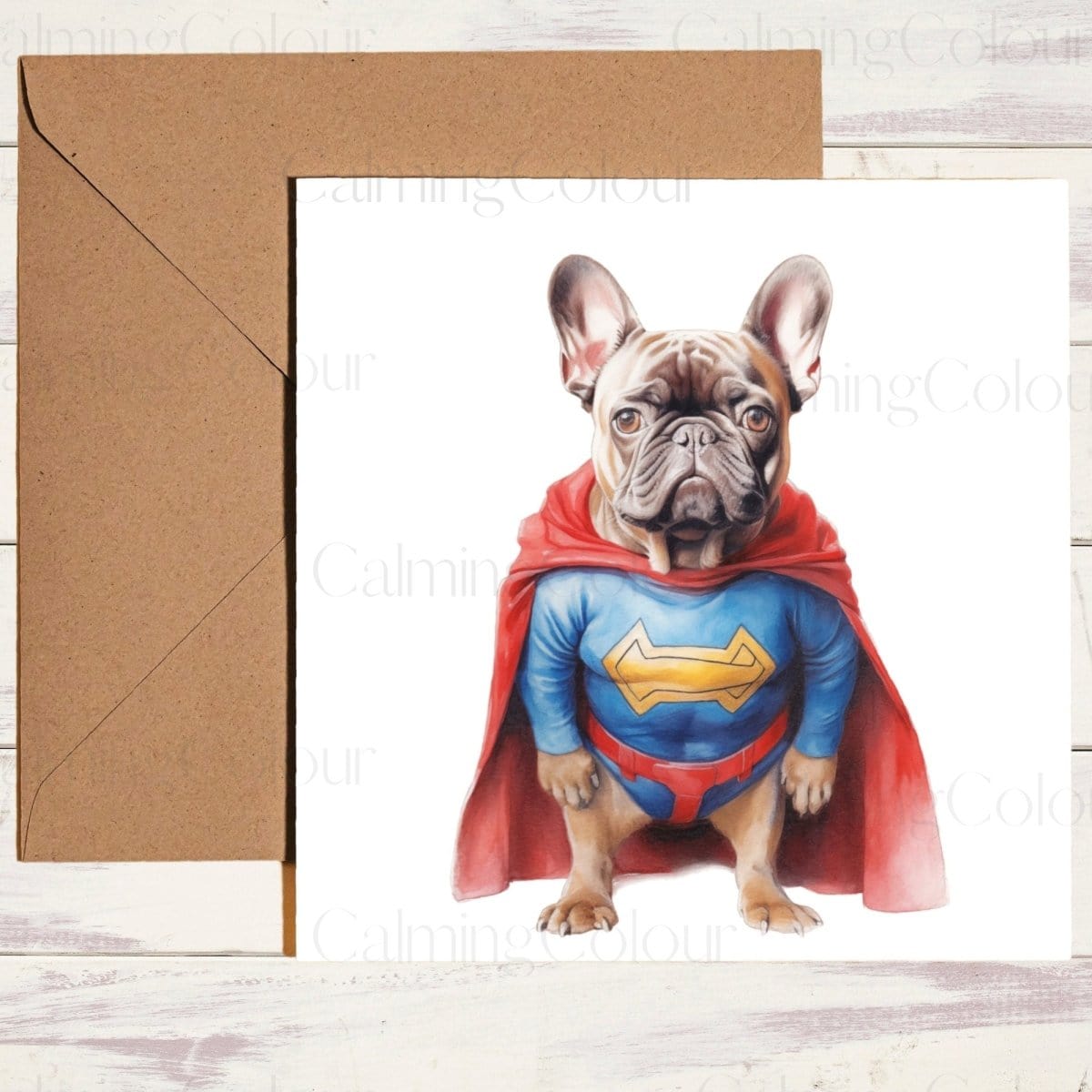 French Bulldog as SuperHero | Father's Day Card | Calming Colour