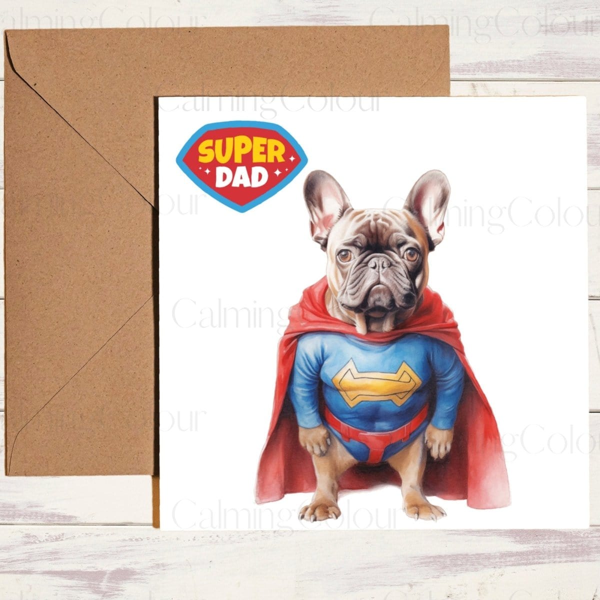 French Bulldog as SuperHero | Father's Day Card | Calming Colour