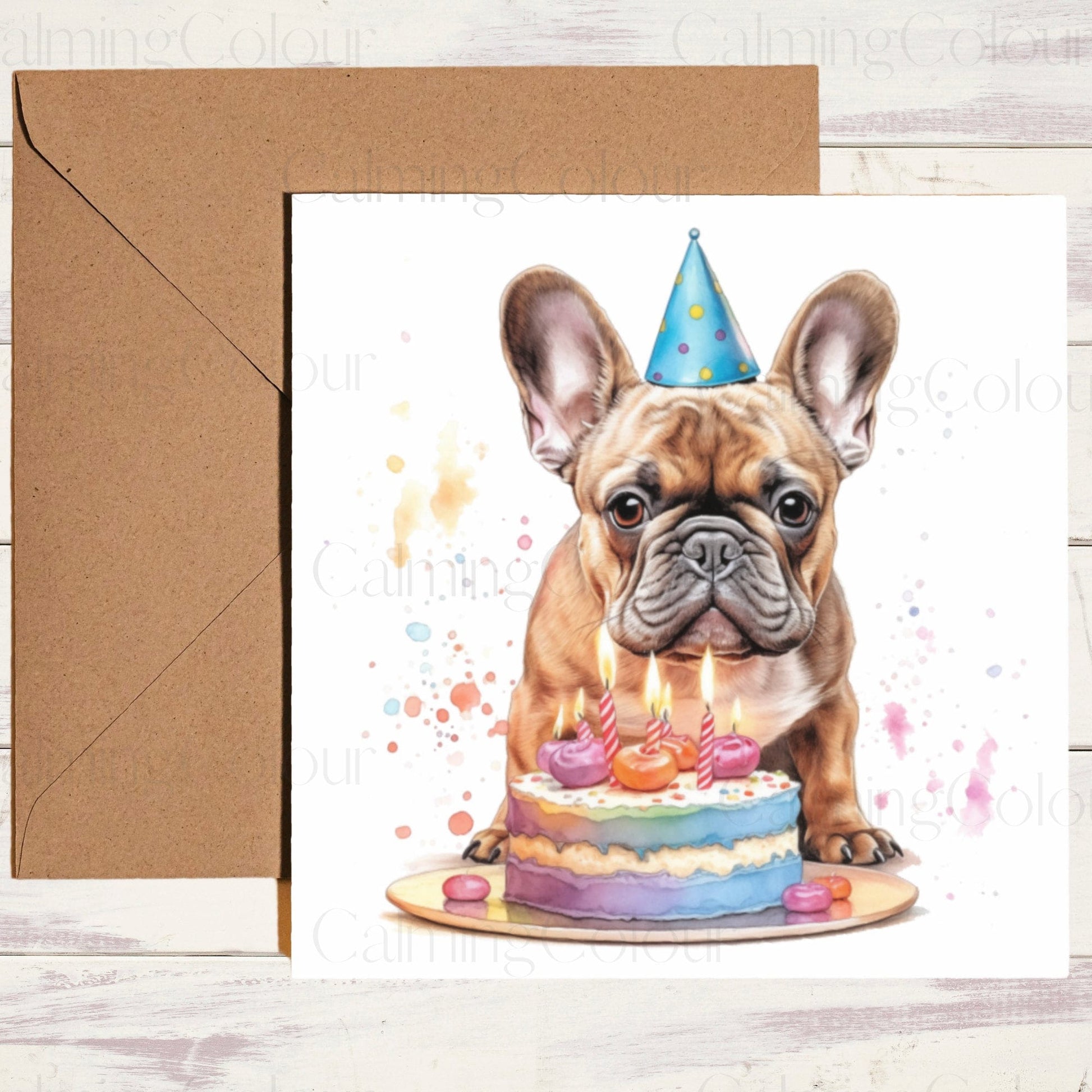 French Bulldog with Birthday Cake | Greeting Card | Calming Colour