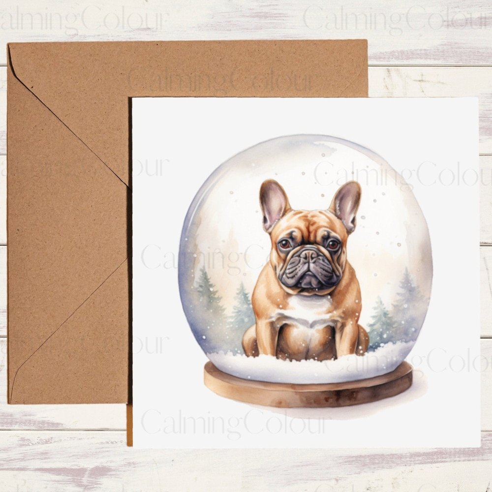 French Bulldog in a Snow Globe | Christmas Card | Calming Colour