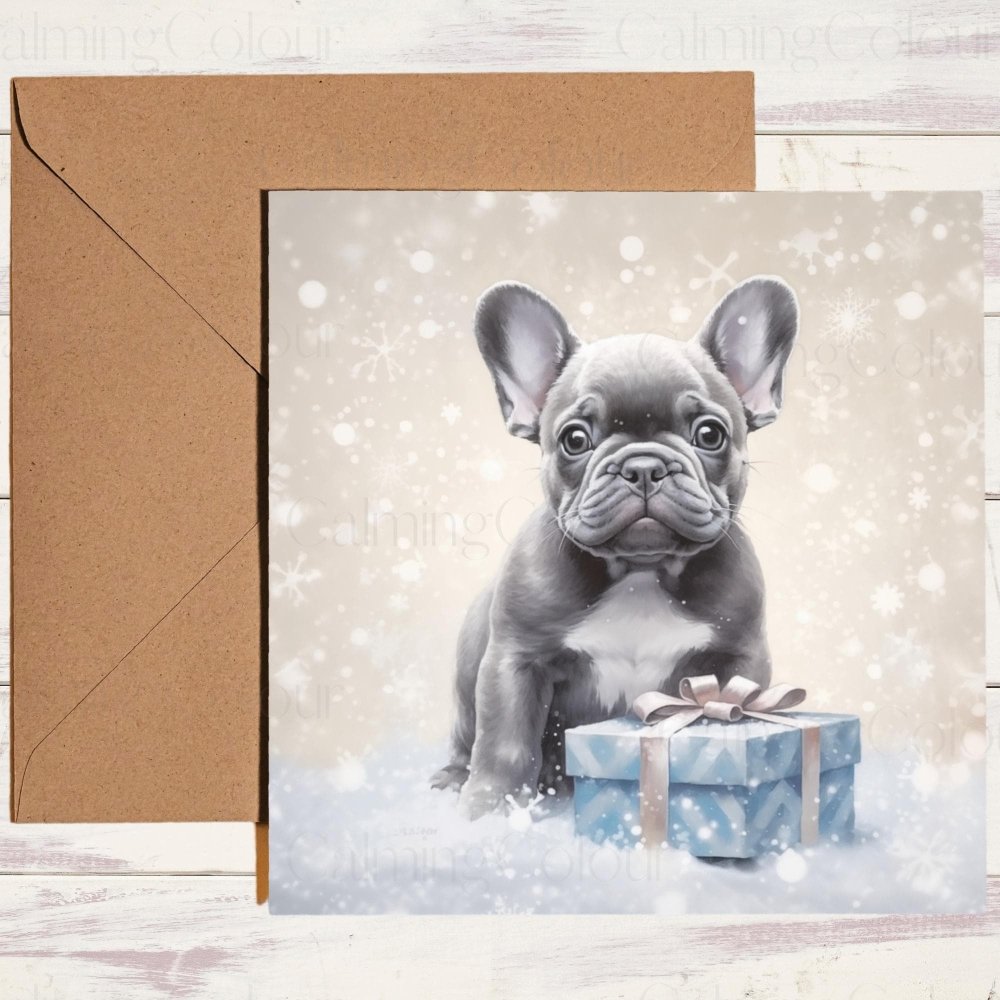 French Bulldog in the Winter Snow | Christmas Card | Calming Colour