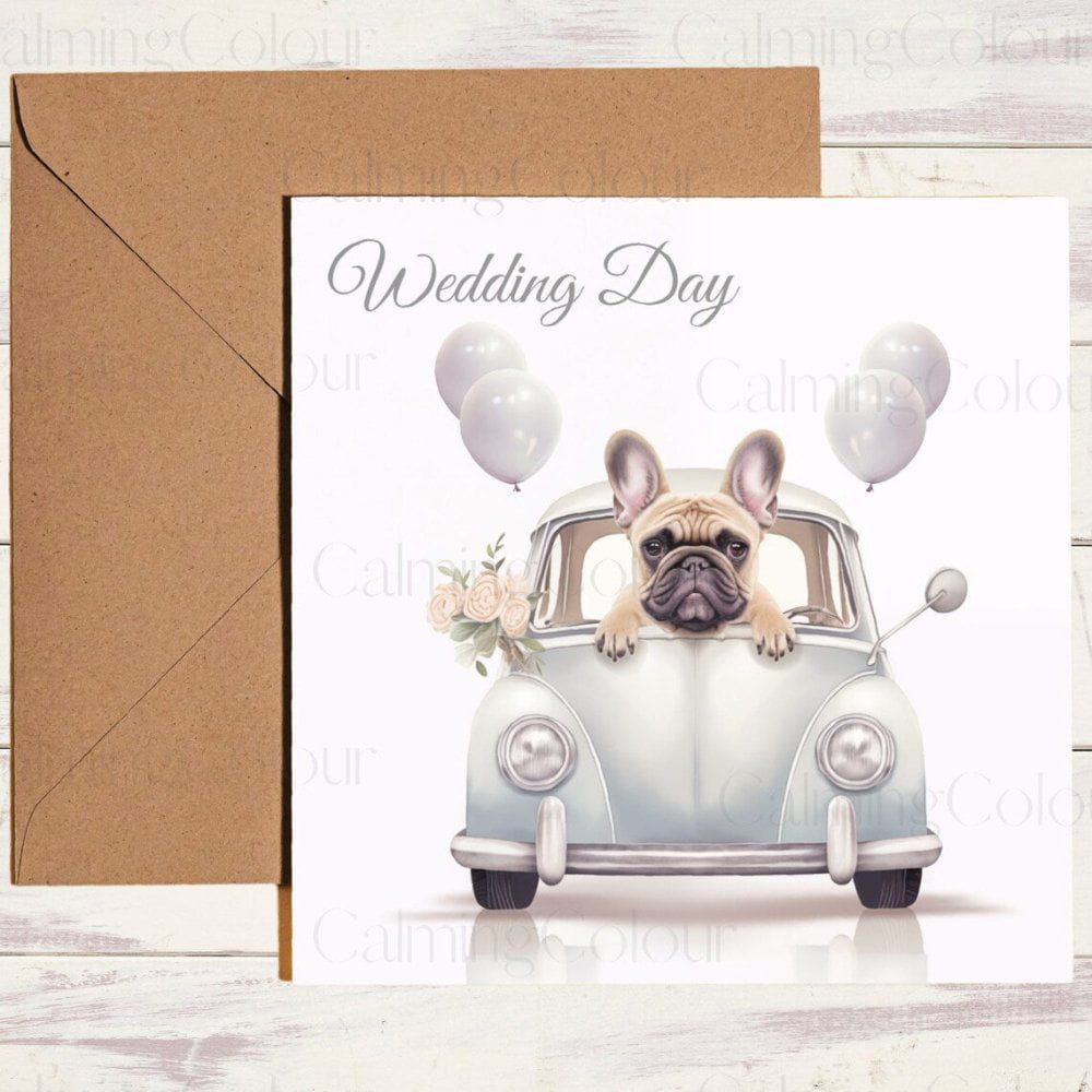 French Bulldog in Wedding Car | Wedding Card | Calming Colour