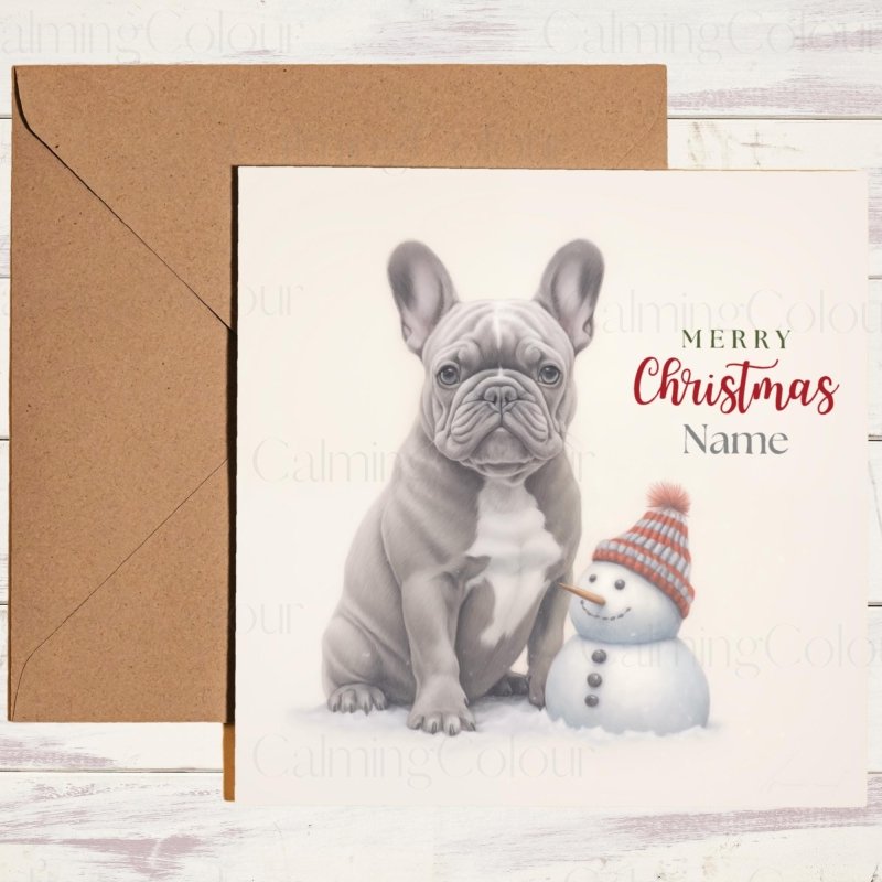 French Bulldog Sat Next to Snowman | Christmas Card | Christmas Card