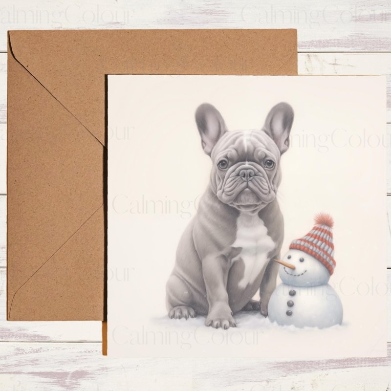 French Bulldog Sat Next to Snowman | Christmas Card | Christmas Card