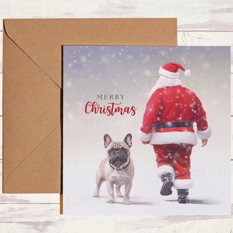 French Bulldog Walking with Santa Christmas Card | Christmas Card
