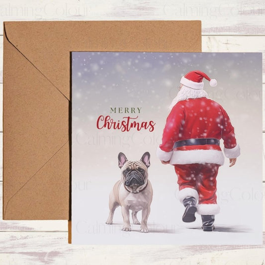 French Bulldog Walking with Santa Christmas Card | Christmas Card