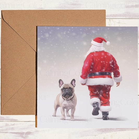 French Bulldog Walking with Santa Christmas Card | Christmas Card