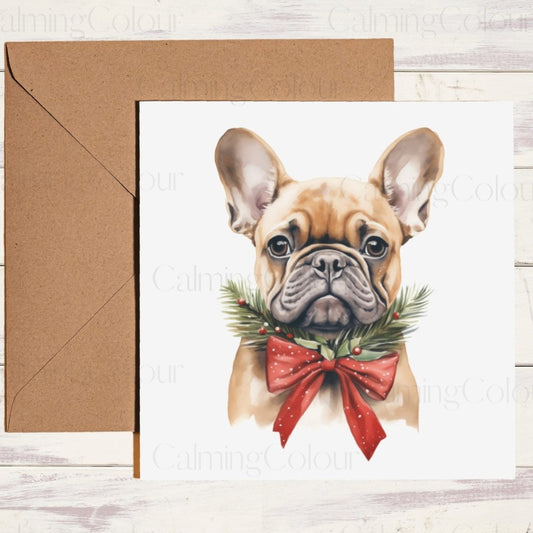 French Bulldog wearing Red Bow | Christmas Card | Calming Colour