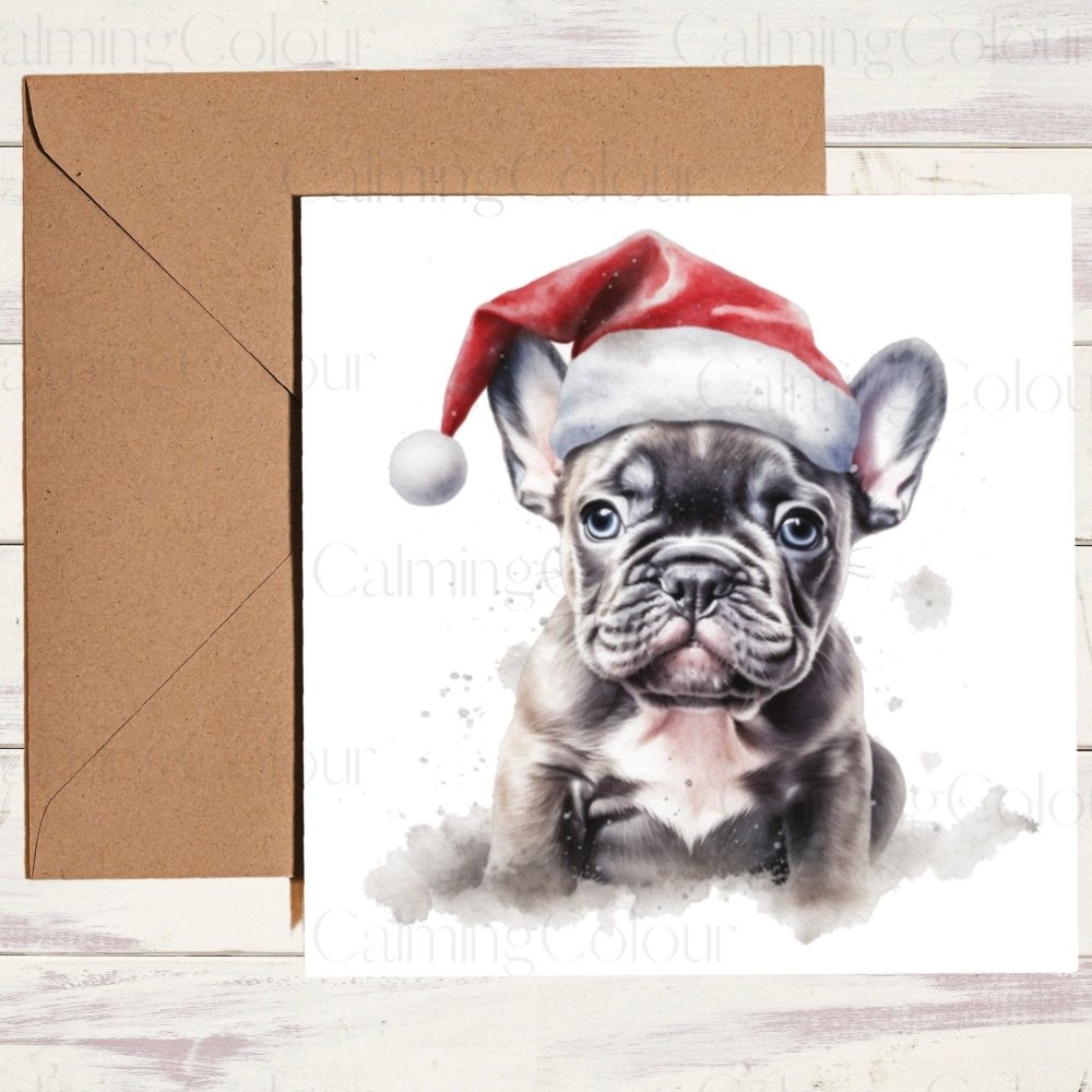 French Bulldog wearing Red Santa Hat | Christmas Card | Calming Colour