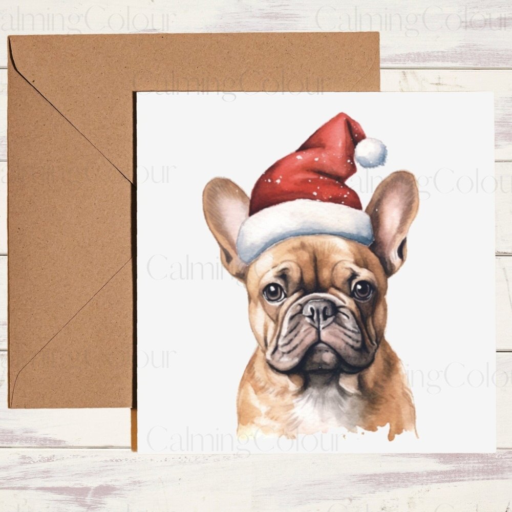 French Bulldog wearing Red Santa Hat | Christmas Card | Calming Colour