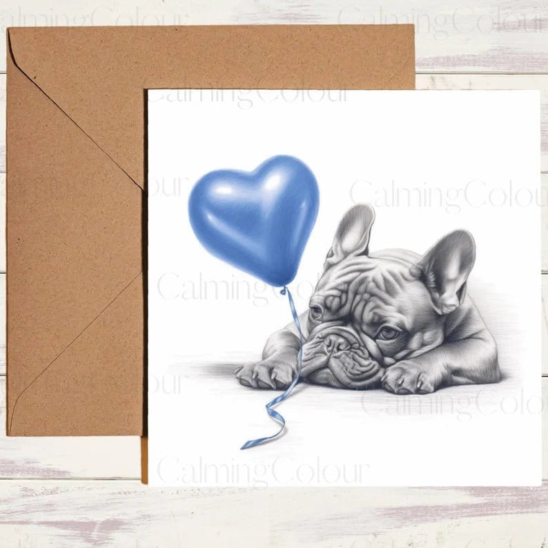 French Bulldog with Blue Balloon | Greeting Card | Calming Colour