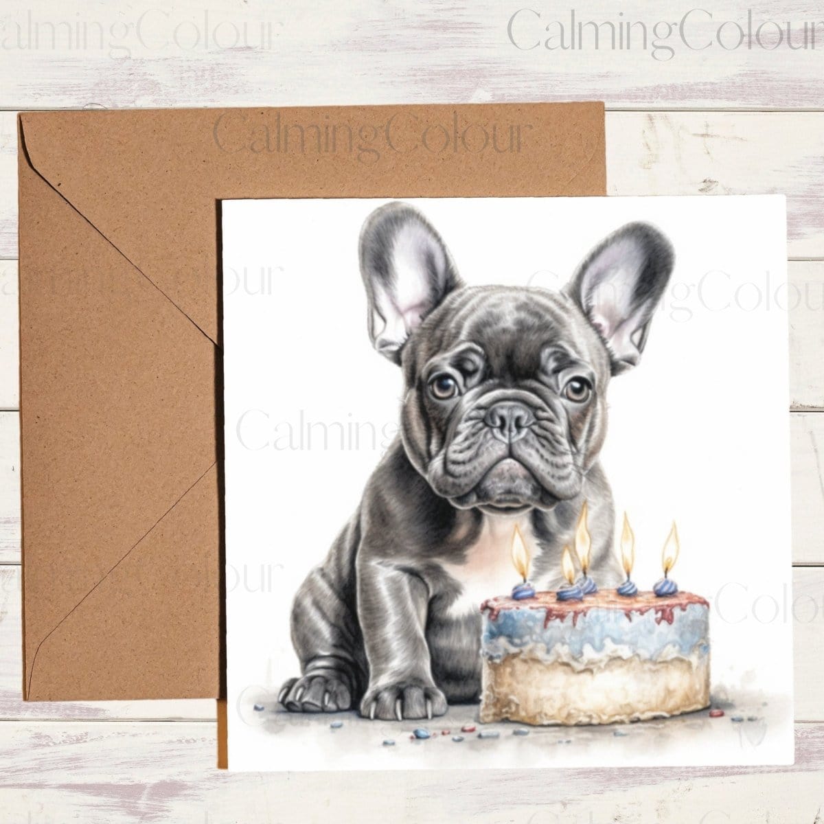 French Bulldog with Cake | Greeting Card | Calming Colour