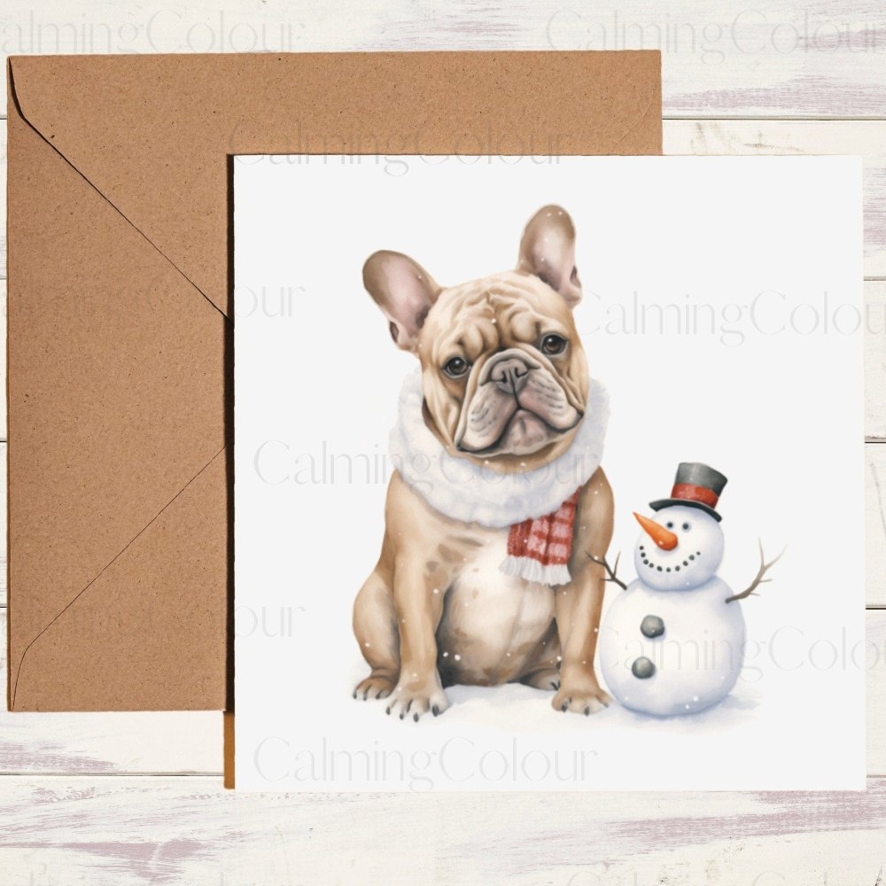 French Bulldog with Mini Snowman | Christmas Card | Calming Colour