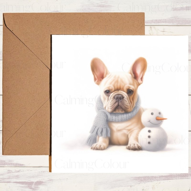 French Bulldog with Mini Snowman | Christmas Card | Christmas Card