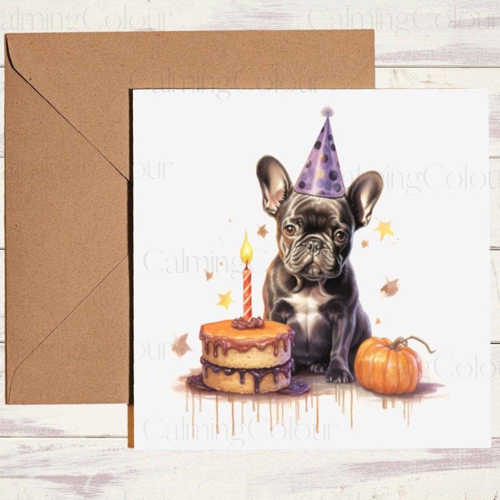 French Bulldog with Party Hat and Birthday Cake | Birthday Card | Calming Colour