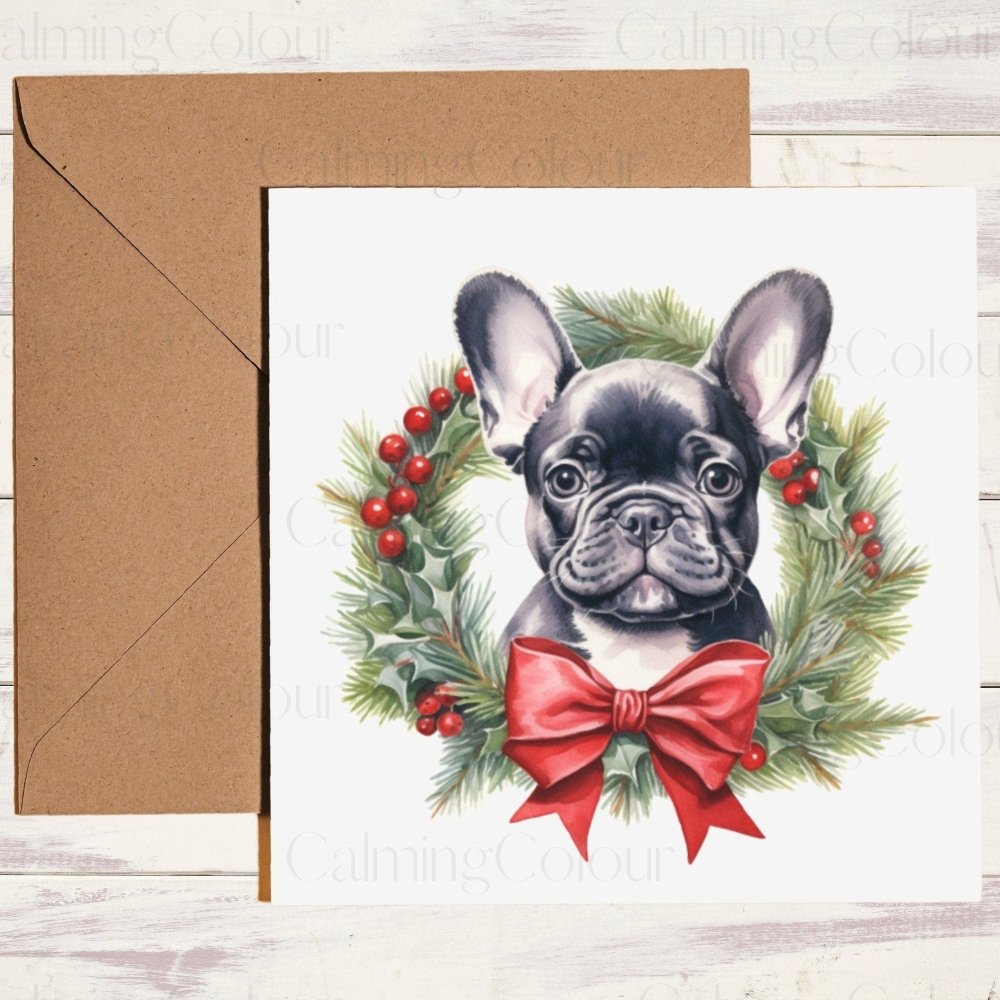 French Bulldog with Red Bow | Christmas Card | Calming Colour