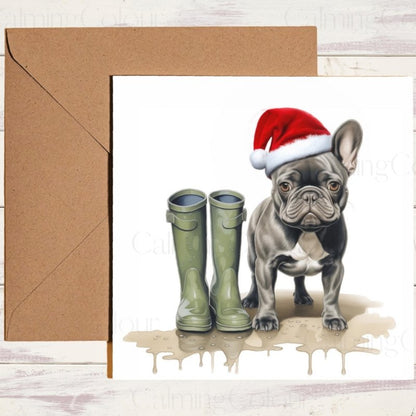 French Bulldog with Santa Hat and Wellies | Christmas Card | Christmas Card