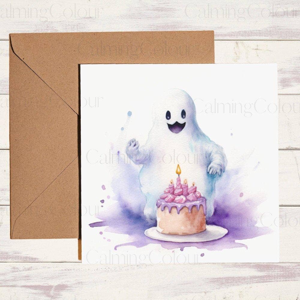 Friendly Ghost with Birthday Cake | Birthday Card | Halloween | Calming Colour