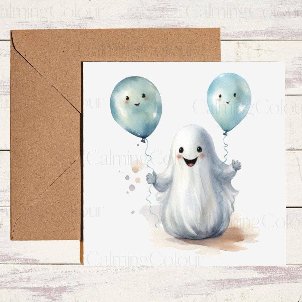 Friendly Ghost with two Blue Balloons | Birthday Card | Halloween | Calming Colour