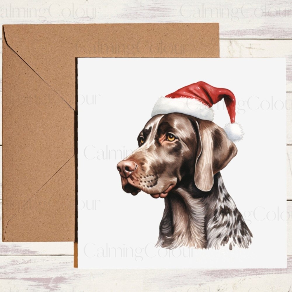 German Pointer wearing Red Santa Hat | Christmas Card | Calming Colour